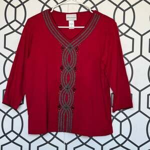 Alfred Dunner Red 3/4 Sleeve V-Neck Embellished Tunic Top Size S